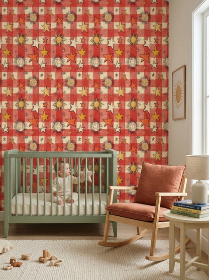 Red Gingham Wallpaper Stars Sunburst Removable Wall Decor