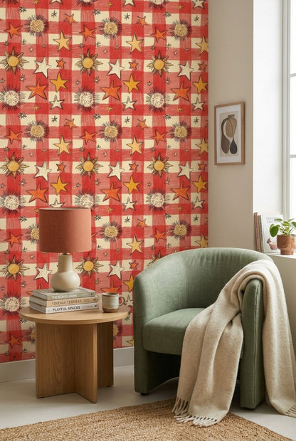 Red Gingham Wallpaper Stars Sunburst Removable Wall Decor