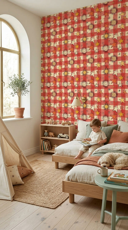 Red Gingham Wallpaper Stars Sunburst Removable Wall Decor