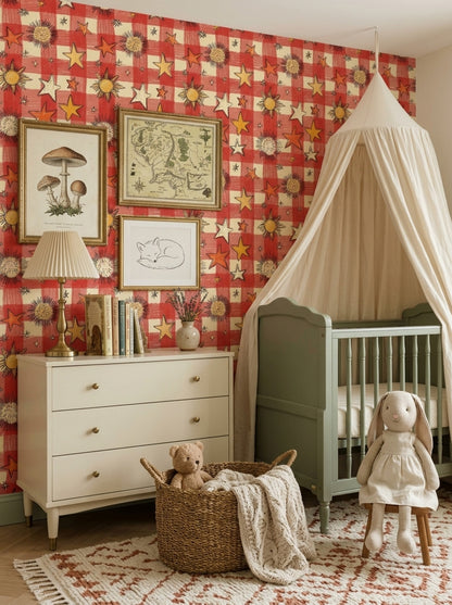 Red Gingham Wallpaper Stars Sunburst Removable Wall Decor
