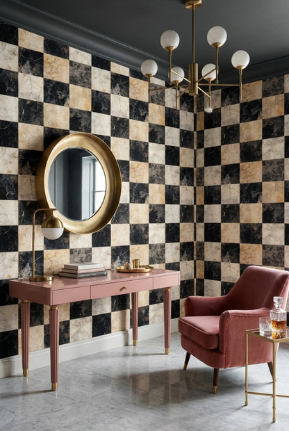 Dark Marble Wallpaper Checkerboard Gold Veining Removable Wall Decor
