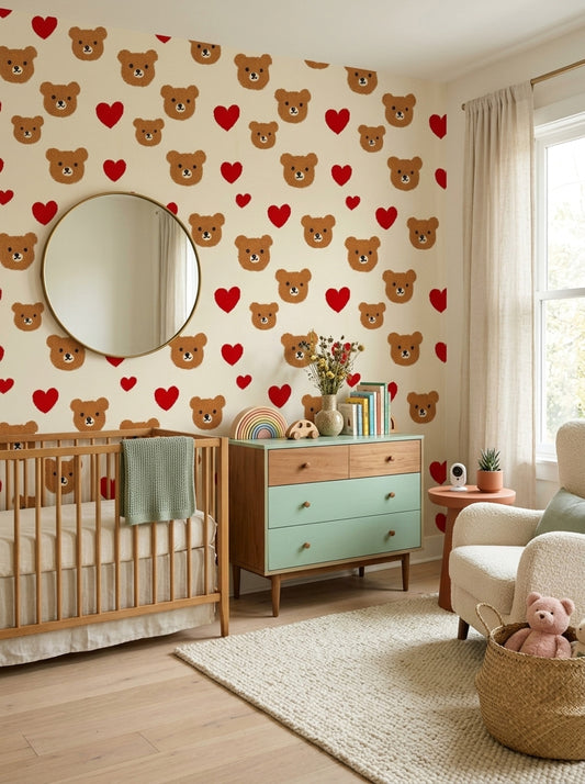 Teddy Bears Wallpaper Red Hearts Cute Decorative Mural
