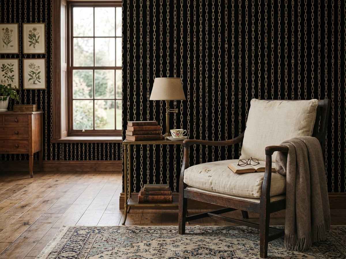 Gold Chains Wallpaper Black Background Removable Glam Industrial Wall Double Roll
