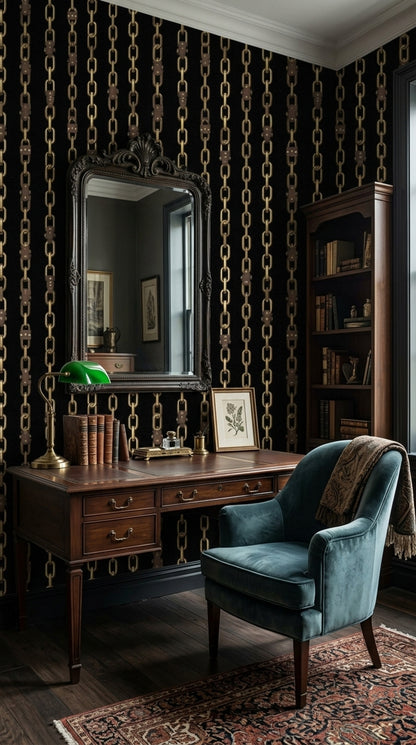 Gold Chains Wallpaper Black Background Removable Glam Industrial Wall Double Roll