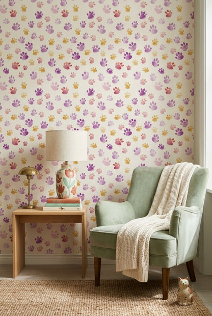 Paw Prints Wallpaper Watercolor Pet Themed Decorative Mural