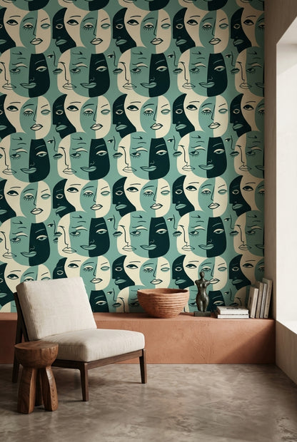 Abstract Faces Wallpaper Portrait Removable Line Art Wall Double Roll