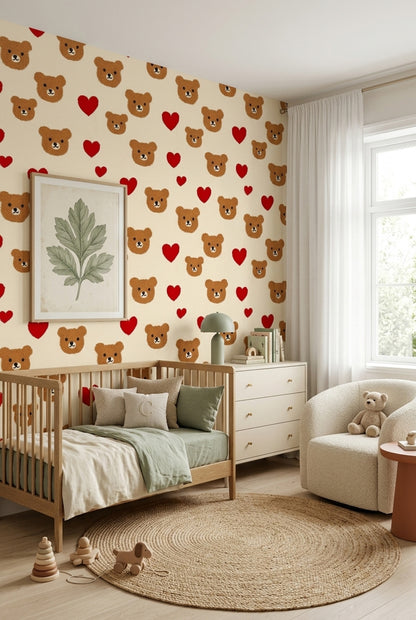 Teddy Bears Wallpaper Red Hearts Cute Decorative Mural