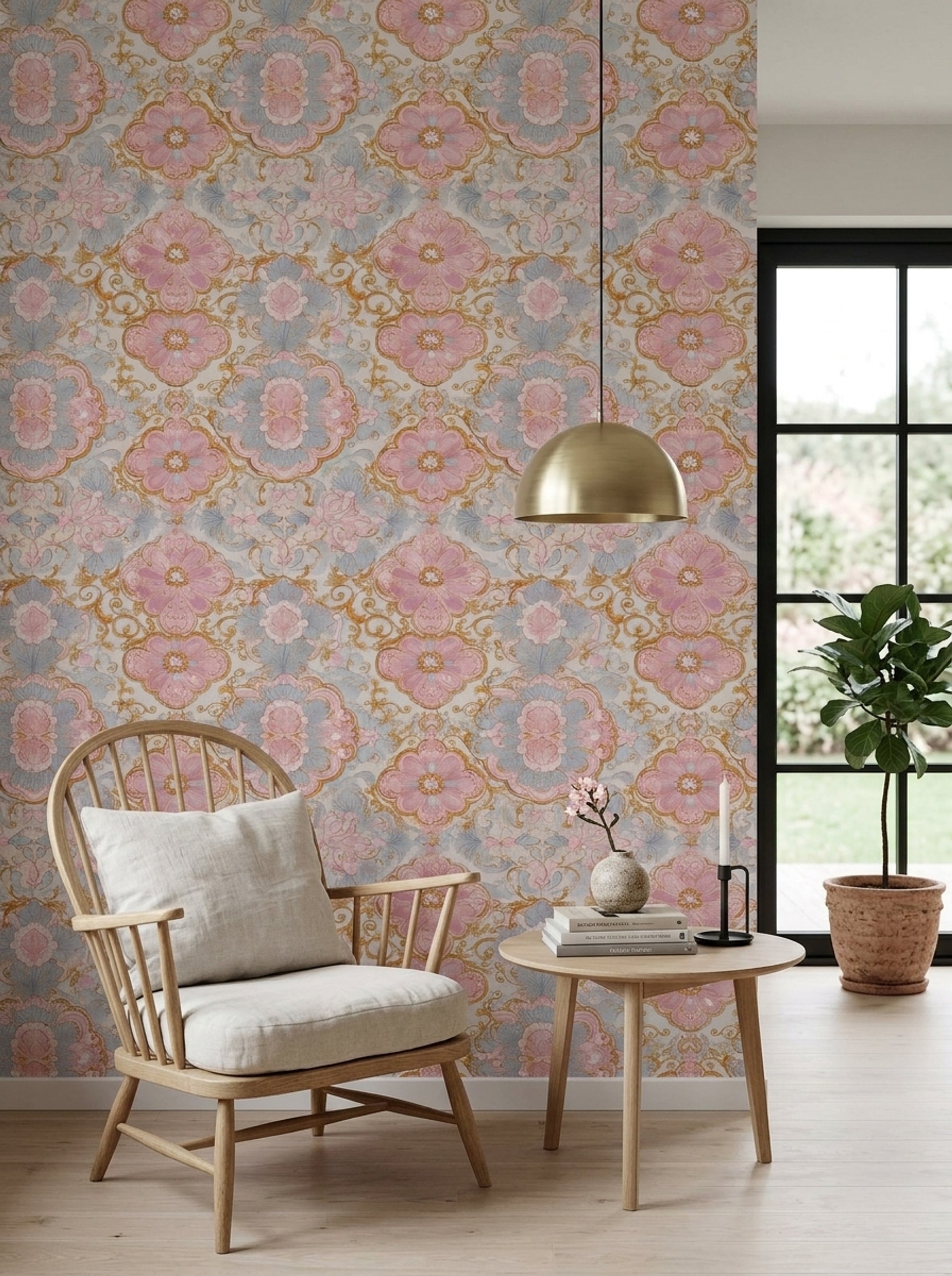 Floral Damask Wallpaper Gold Scrollwork Removable Baroque Wall Double Roll