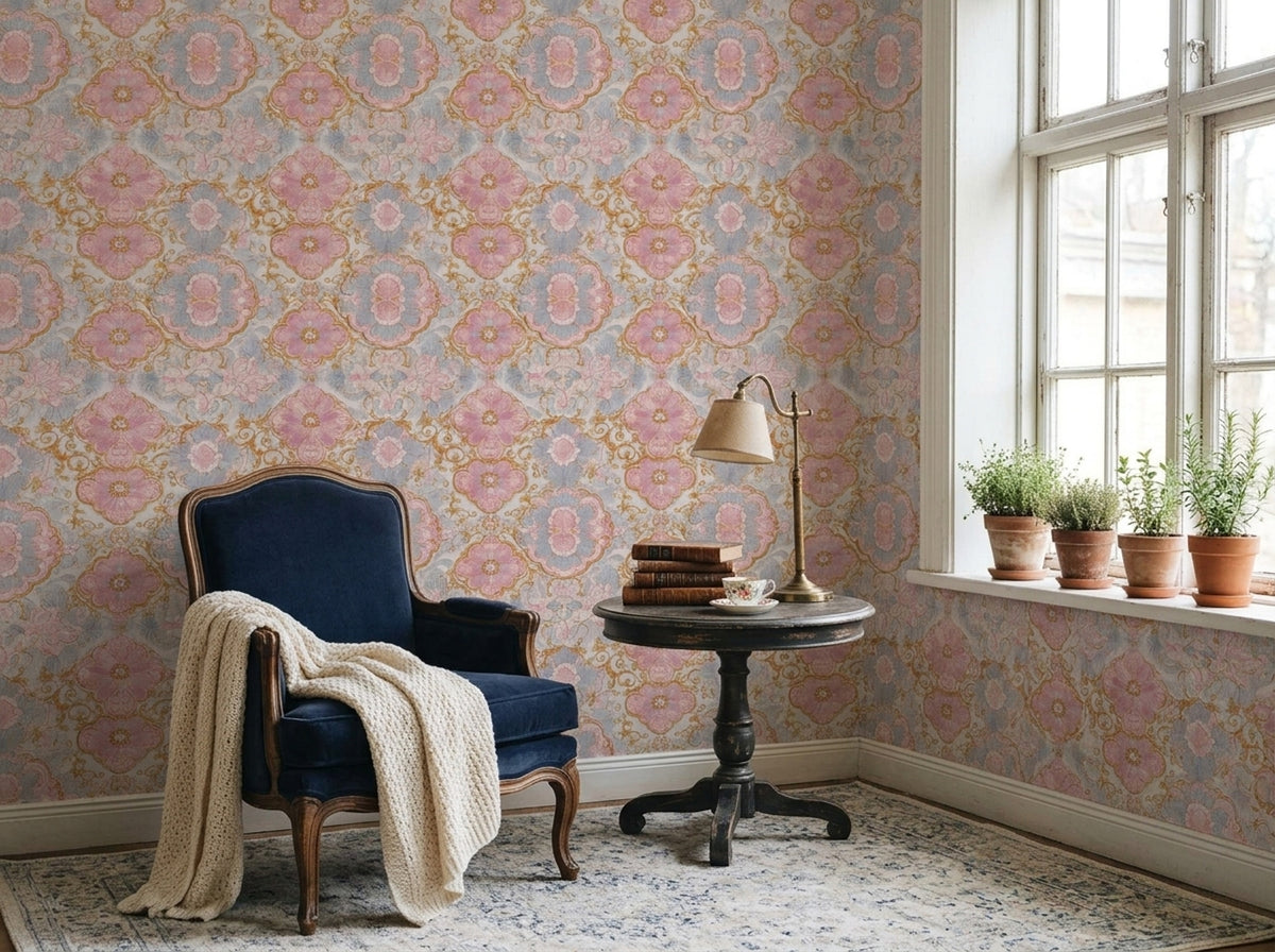 Floral Damask Wallpaper Gold Scrollwork Removable Baroque Wall Double Roll