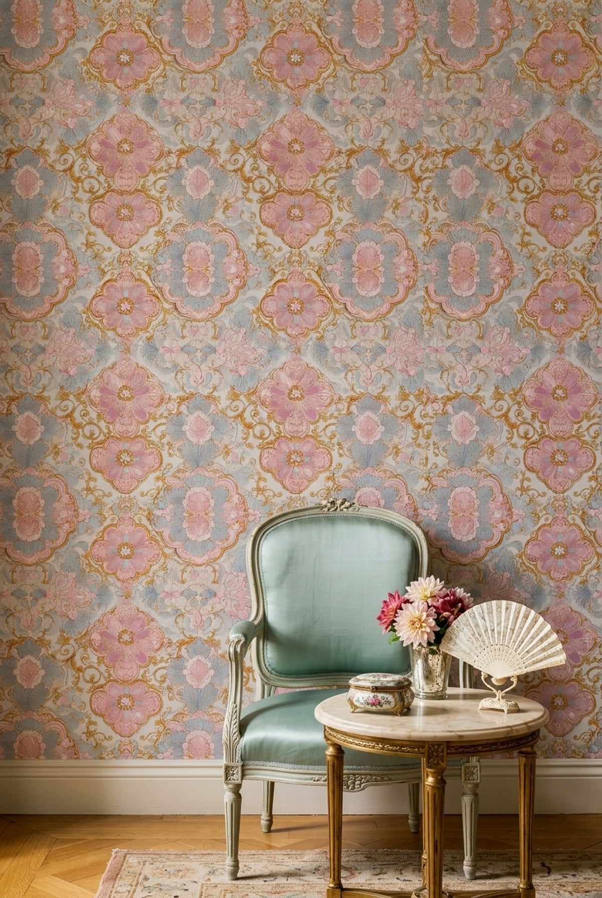 Floral Damask Wallpaper Gold Scrollwork Removable Baroque Wall Double Roll