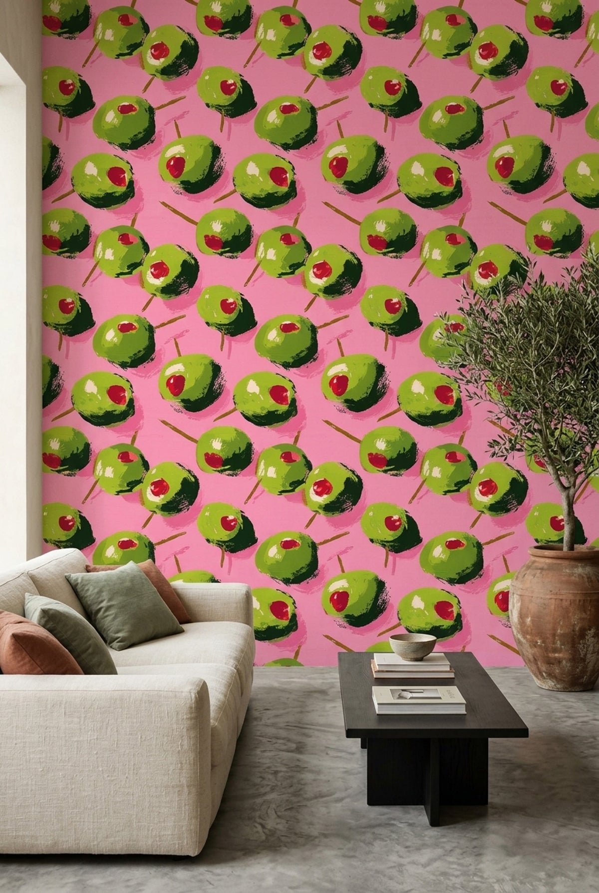 Painted Olives Wallpaper Pink Background Pop Art Decorative Mural