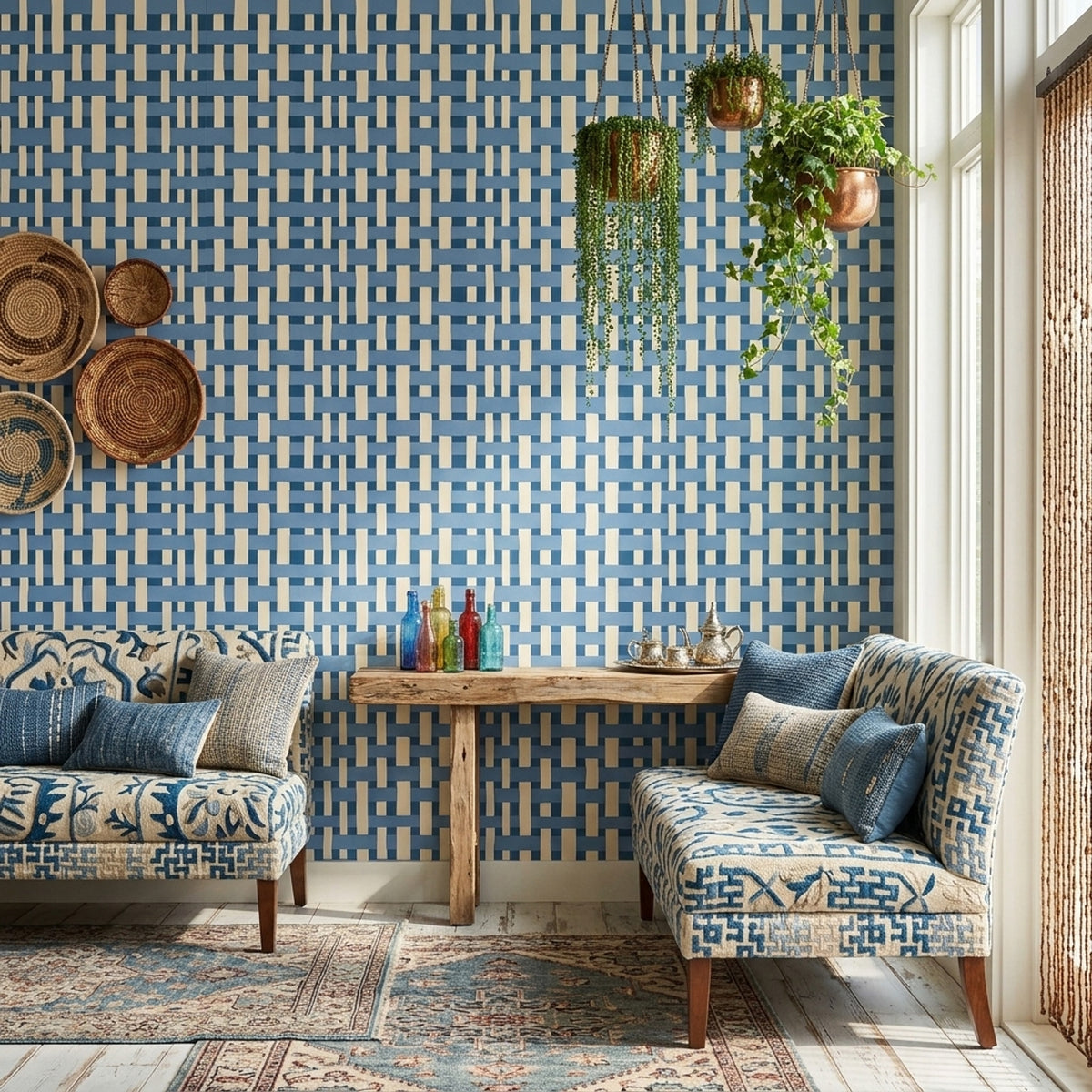 Basket Weave Wallpaper Woven Blue Removable Wall Decor