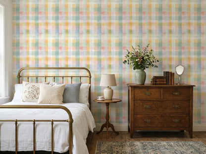 Pastel Plaid Wallpaper Checkered Watercolor Decorative Mural