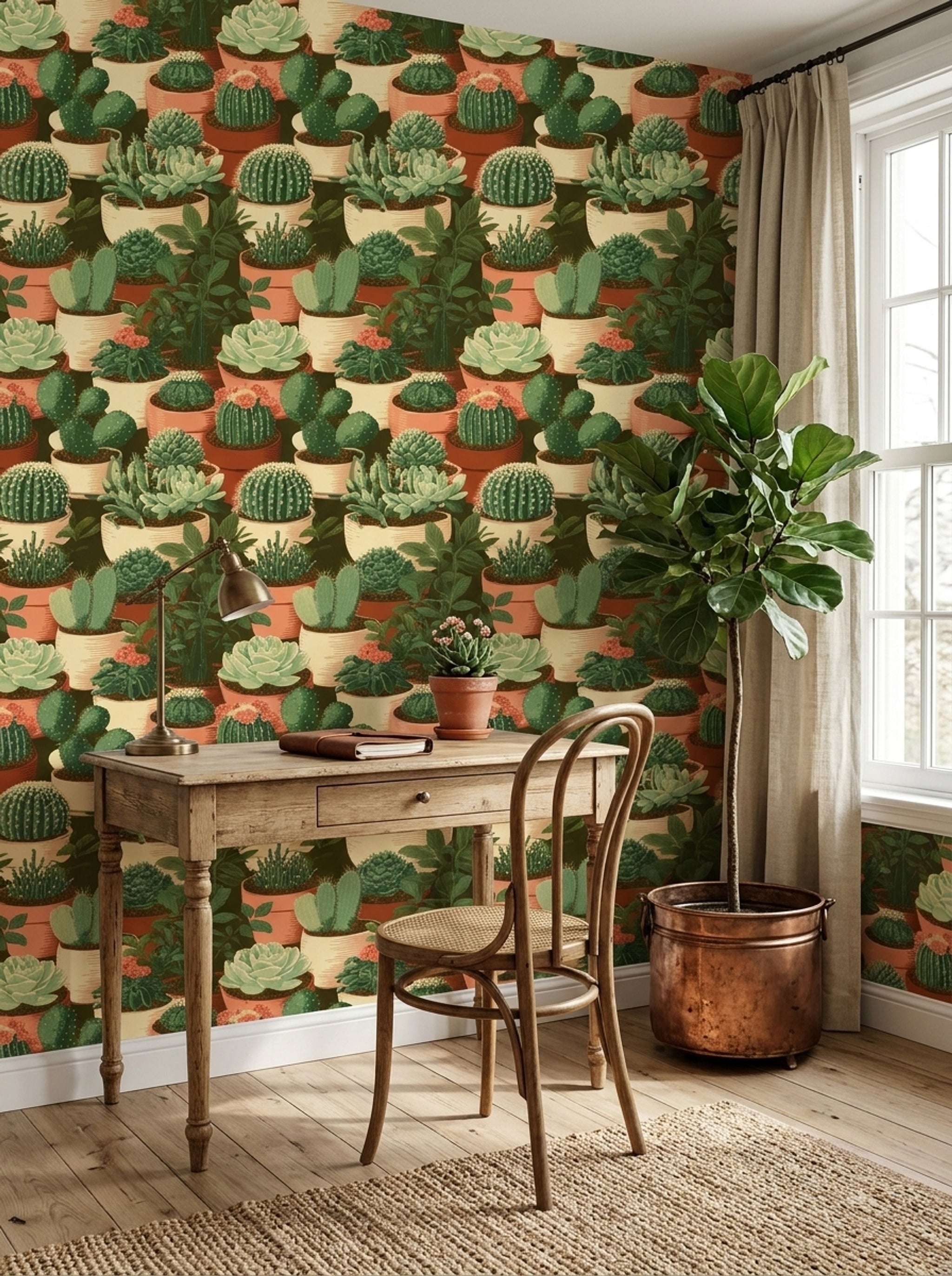 Cactus Wallpaper Succulent Potted Plants Removable Wall Decor