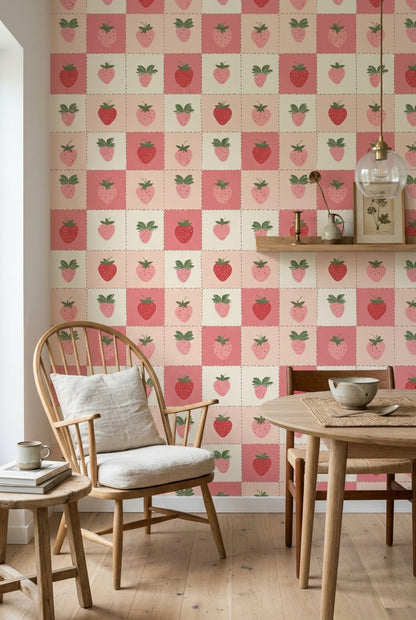 Strawberry Wallpaper Checkered Patchwork Removable Wall Decor