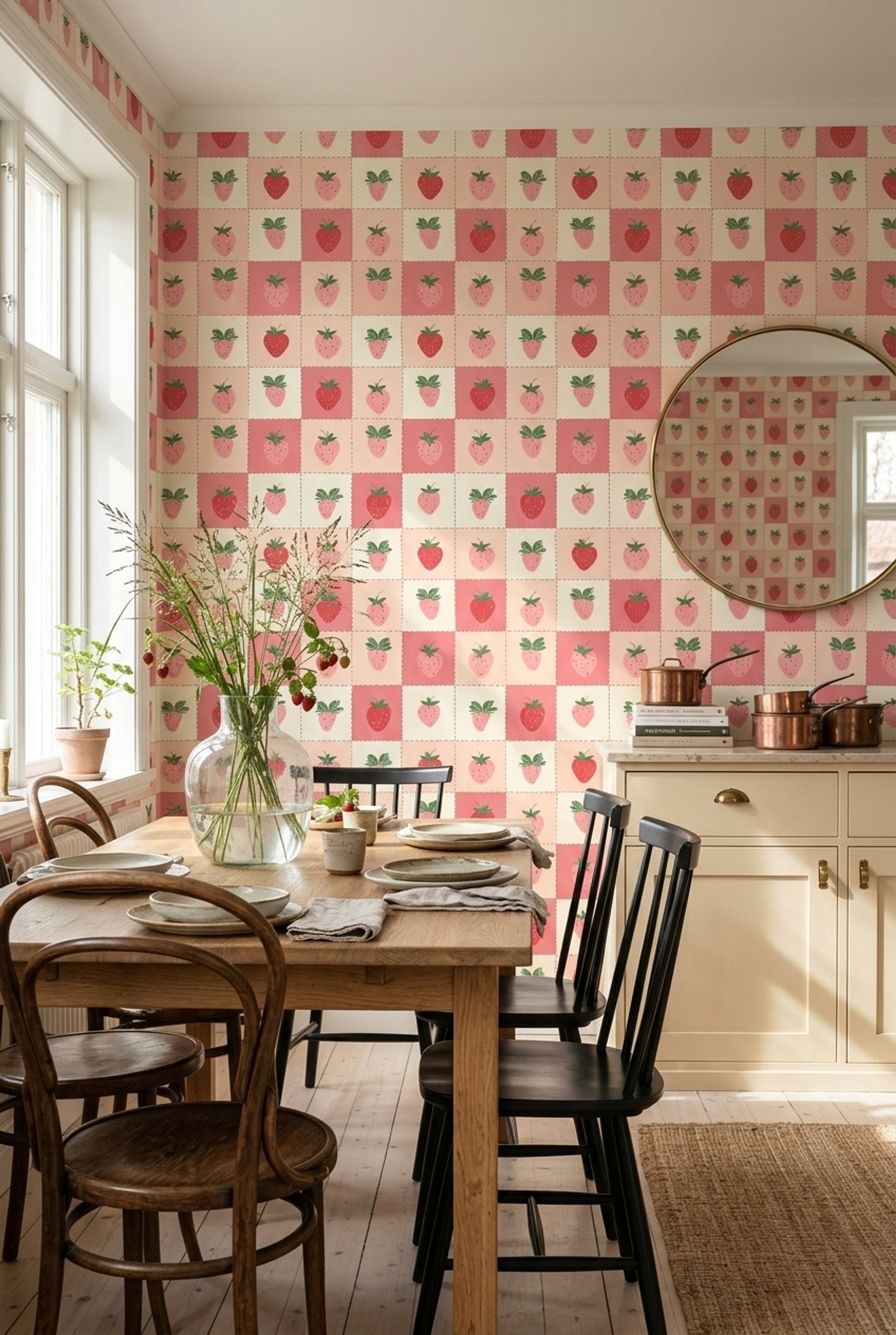 Strawberry Wallpaper Checkered Patchwork Removable Wall Decor