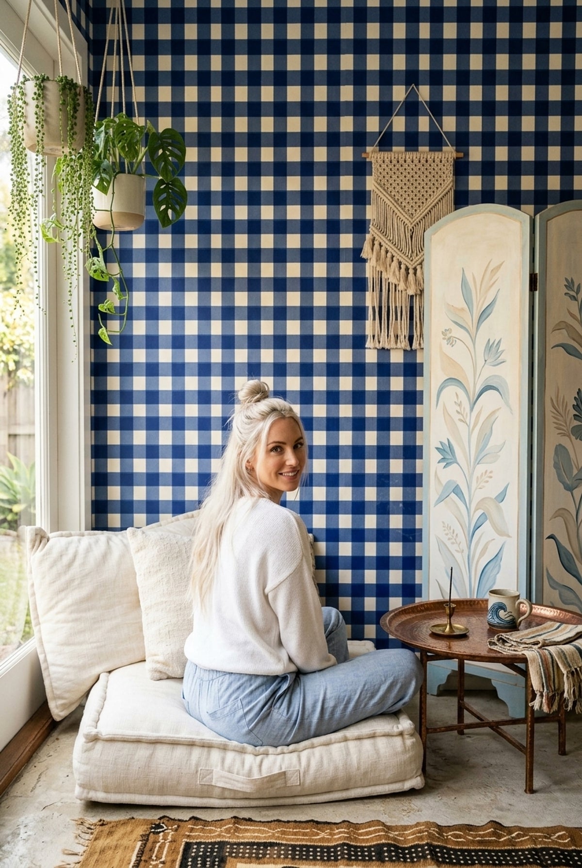 Blue Gingham Wallpaper Checkered Removable Plaid Textile Wall Double Roll
