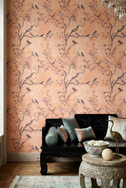 Chinoiserie Wallpaper Blossom Branches Removable Birds Wall Double Roll