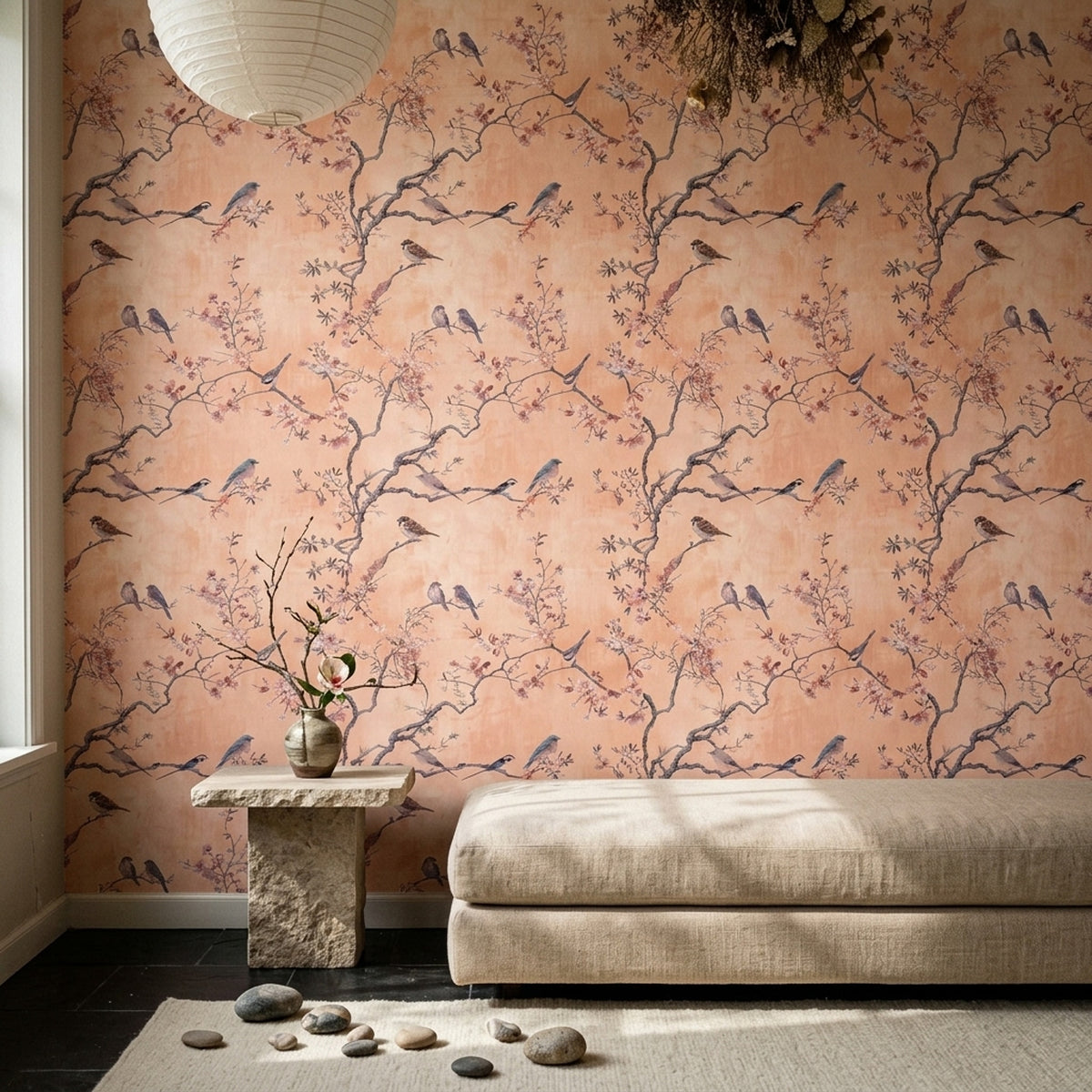 Chinoiserie Wallpaper Blossom Branches Removable Birds Wall Double Roll