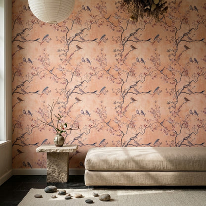 Chinoiserie Wallpaper Blossom Branches Removable Birds Wall Double Roll
