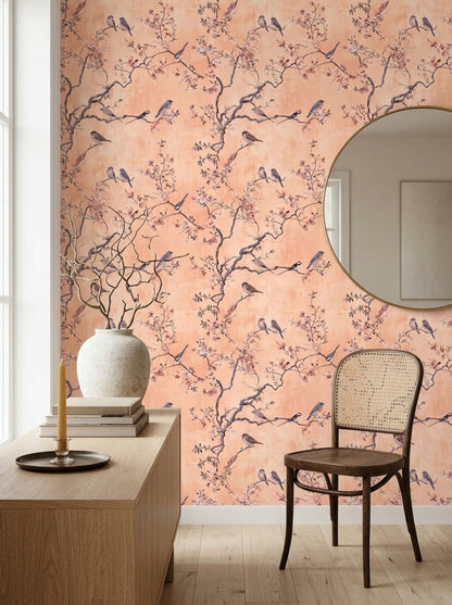 Chinoiserie Wallpaper Blossom Branches Removable Birds Wall Double Roll