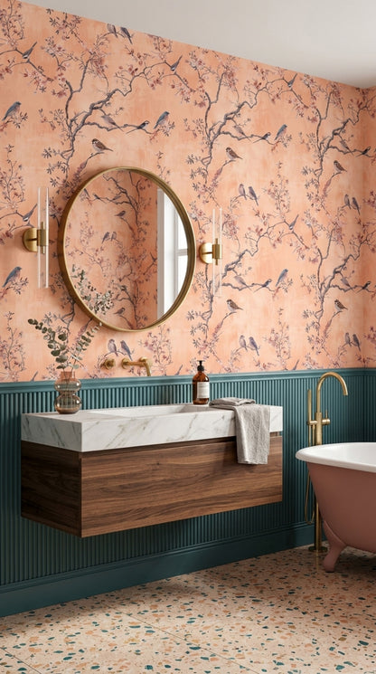 Chinoiserie Wallpaper Blossom Branches Removable Birds Wall Double Roll