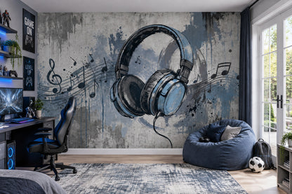 Graffiti Headphones Wallpaper Urban Music Notes Wall Mural
