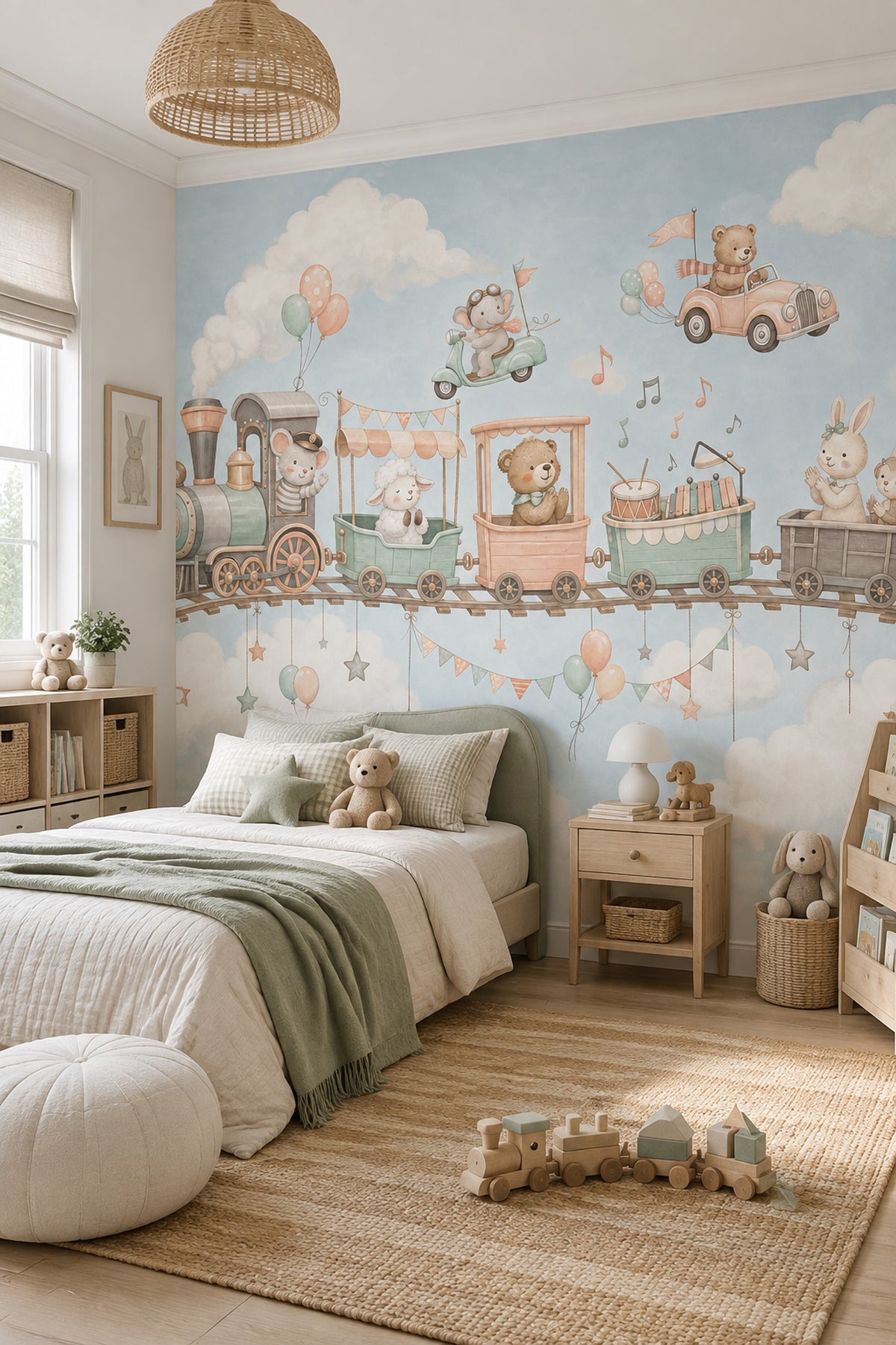 Watercolor Animal Train Wallpaper Pastel Nursery Wall Mural