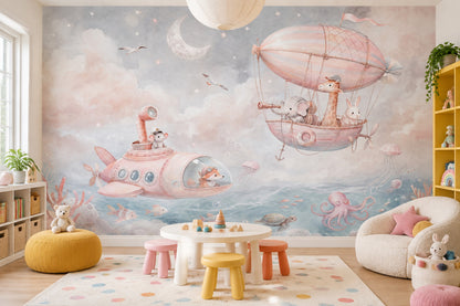 Whimsical Airship Animals Wallpaper Pastel Coastal Wall Mural