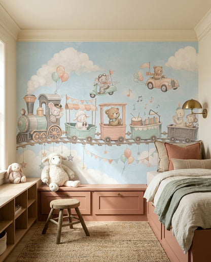 Watercolor Animal Train Wallpaper Pastel Nursery Wall Mural