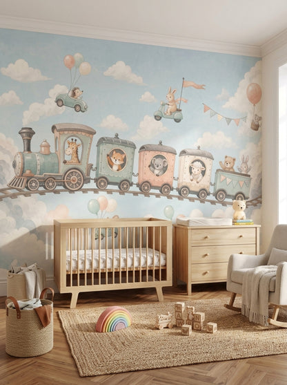 Watercolor Train Wallpaper Pastel Nursery Animals Wall Mural