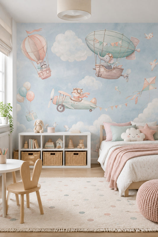 Hot Air Balloon Wallpaper Watercolor Animals Sky Wall Mural