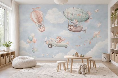 Hot Air Balloon Wallpaper Watercolor Animals Sky Wall Mural