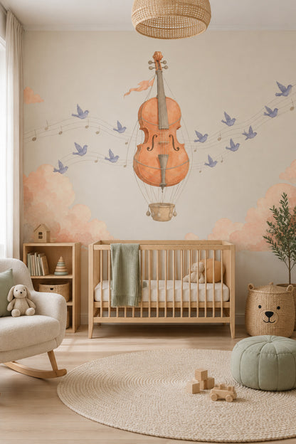 Violin Hot Air Balloon Wallpaper Watercolor Sky Wall Mural