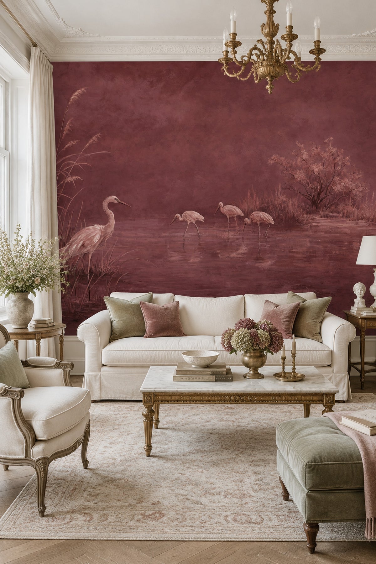 Wetland Herons Wallpaper Burgundy Painterly Wall Mural