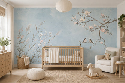 Magnolia Birds Wallpaper Pale Blue Chinoiserie Wall Mural