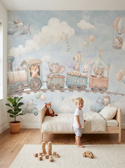 Toy Train And Sky Animals Wallpaper Watercolor Kids Wall Mural