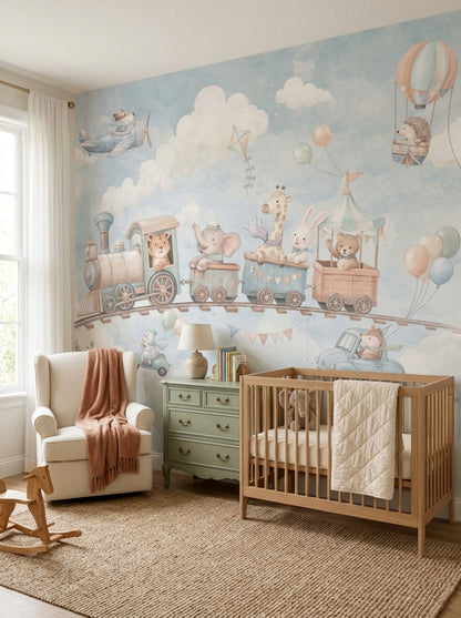 Toy Train And Sky Animals Wallpaper Watercolor Kids Wall Mural