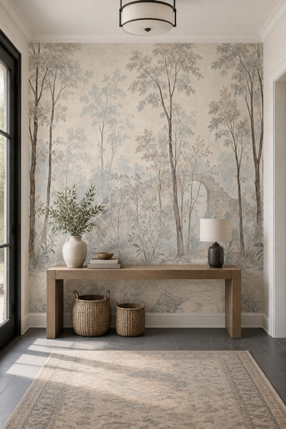Misty Woodland Trees Wallpaper Vintage Stone Ruins Wall Mural