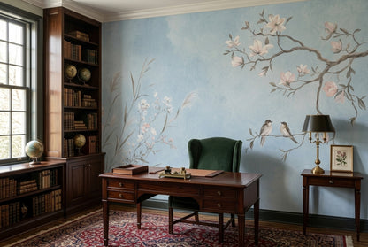 Magnolia Birds Wallpaper Pale Blue Chinoiserie Wall Mural