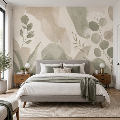 Sage Green Leaf Branches Wallpaper Watercolor Botanical Wall Mural