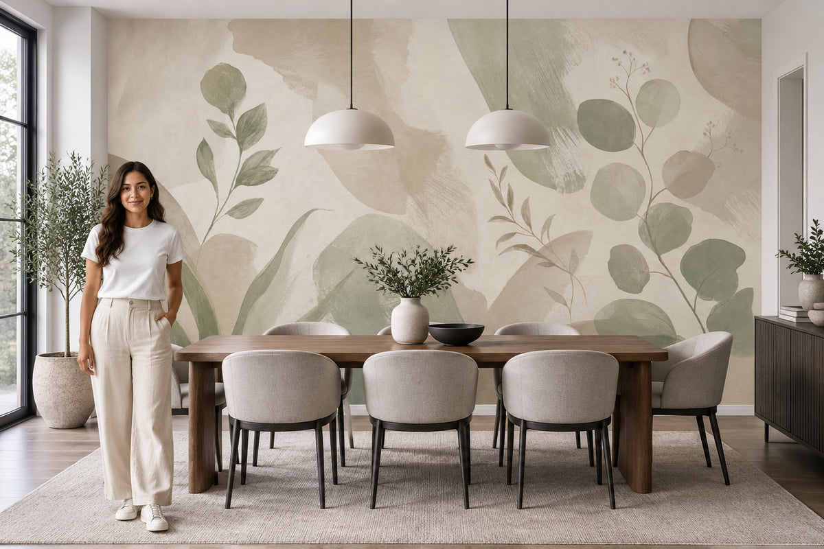 Sage Green Leaf Branches Wallpaper Watercolor Botanical Wall Mural