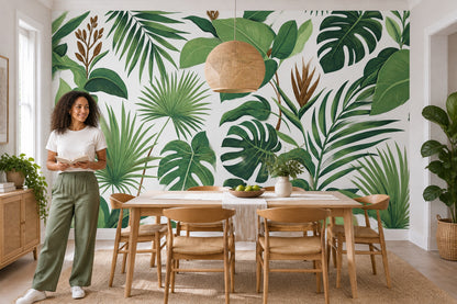 Tropical Leaves Wallpaper White Background Wall Mural