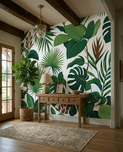 Tropical Leaves Wallpaper White Background Wall Mural