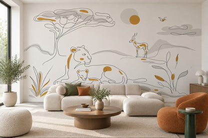 Minimal Lion Family Wallpaper White Background Wall Mural