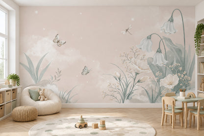 Watercolor White Bell Flowers Wallpaper Pastel Botanical Wall Mural