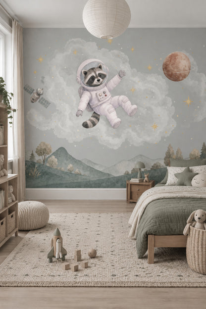 Astronaut Raccoon Wallpaper Pastel Space Nursery Wall Mural