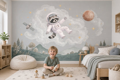 Astronaut Raccoon Wallpaper Pastel Space Nursery Wall Mural