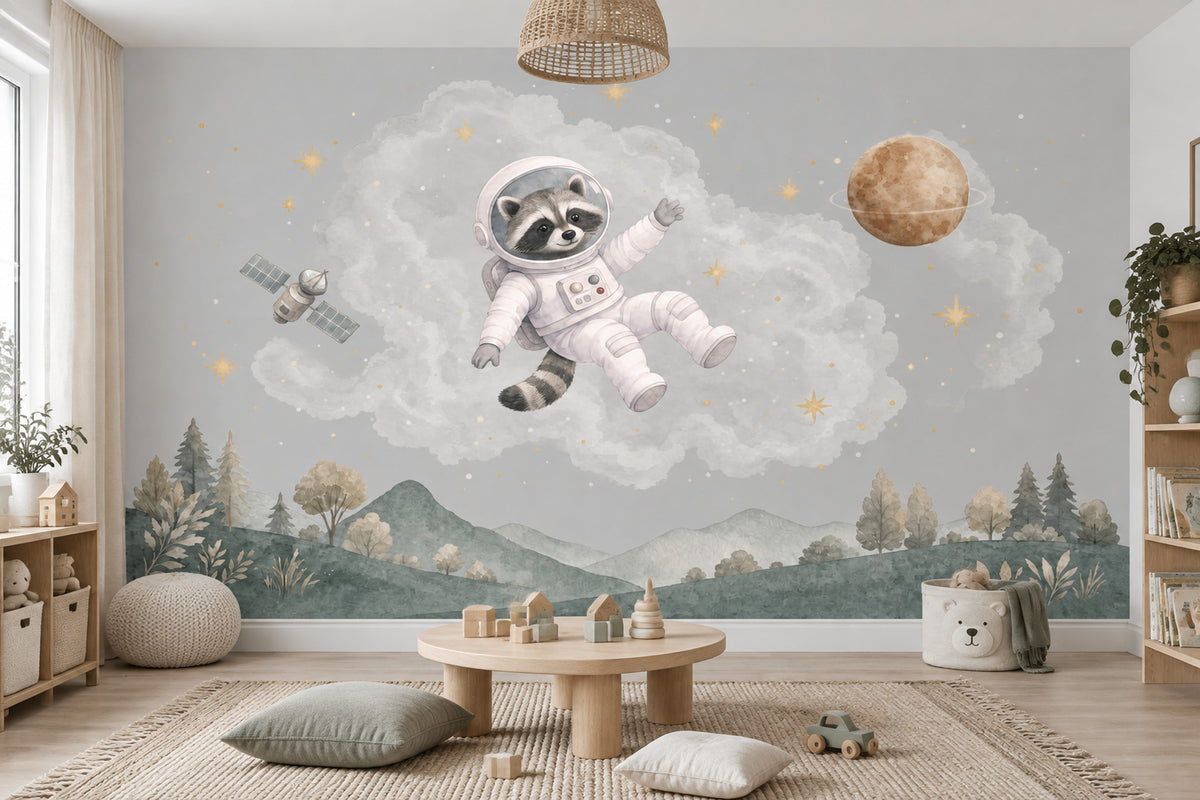 Astronaut Raccoon Wallpaper Pastel Space Nursery Wall Mural