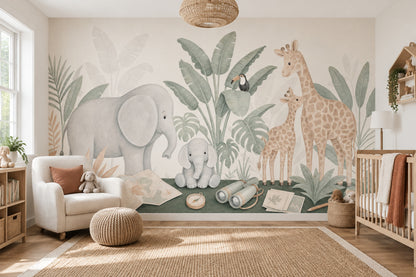 Watercolor Safari Animals Wallpaper Tropical Jungle Wall Mural